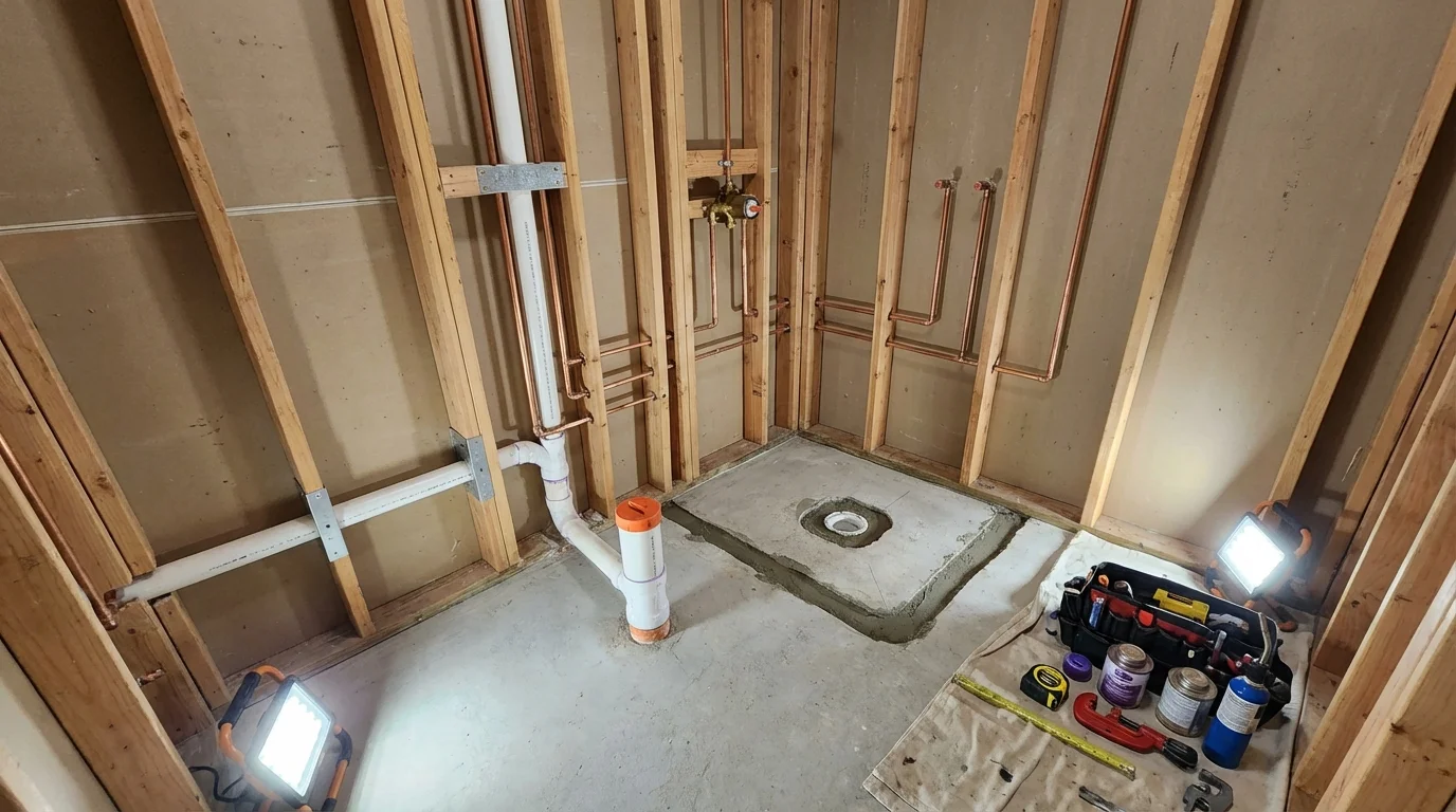 Bathroom rough-in plumbing during remodel by Johns Plumbing LLC in Tama