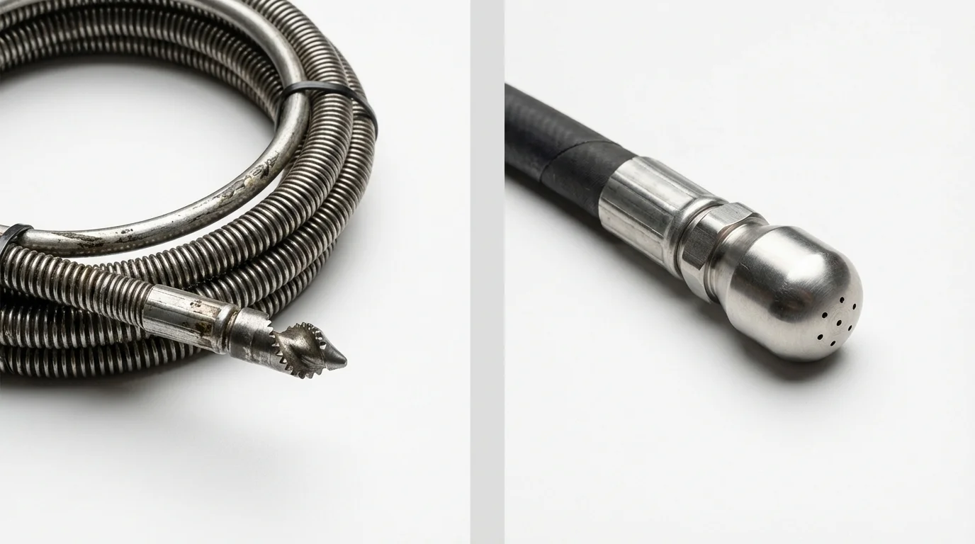 Drain snake cable and hydro jetting nozzle used for drain cleaning in Tama, IA