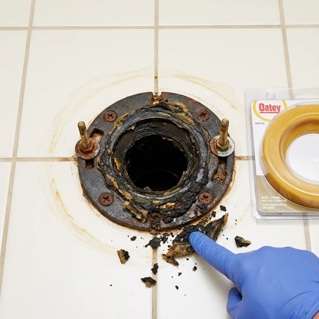 Failed wax ring showing water seepage at the base of a toilet in a Tama, IA home