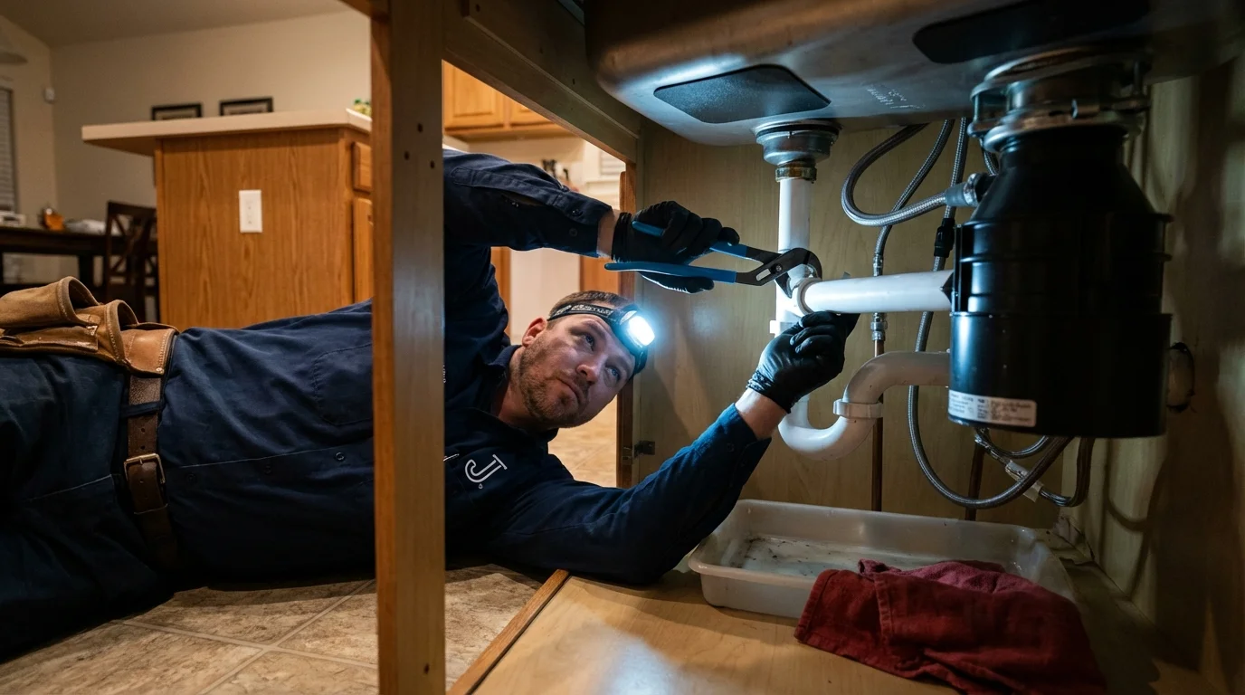 P-trap and supply line connections under a kitchen sink showing a common leak point in Tama, IA